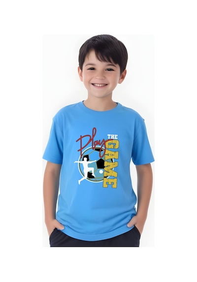 Panios Kids Play Game Baskılı Erkek Çocuk Kısa Kollu Yuvarlak Yaka T-shirt Mavi