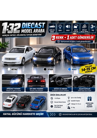 Volkswagen Passat B8 1:32 Diecast Metal Model Araba Işıklı Sesli Çek Bırak 1 Adet