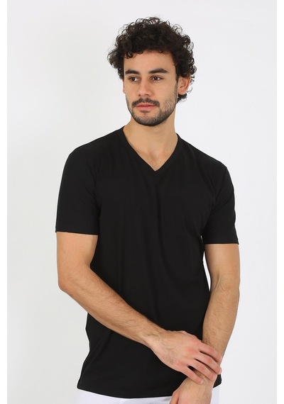 2k Moda Çizgi Erkek V Yaka Siyah Penye Atlet 6560 001