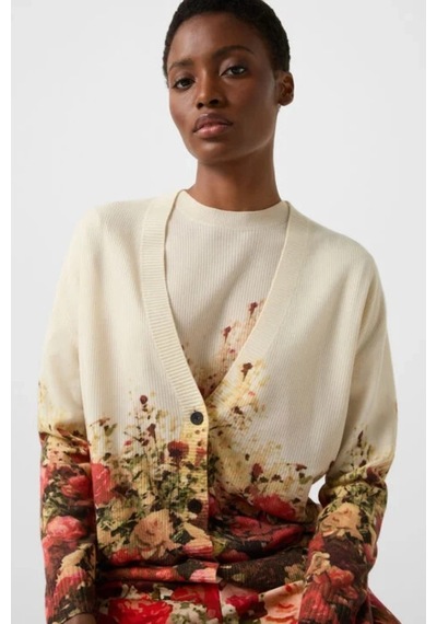Bogner Heidi Yün Karışımlı Floral Tasarım Lüks Kadın Hırka Bej-kırmızı