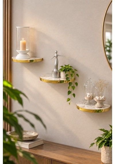 Sulorahome 3'lü Oval Duvar Rafı Seti Gold Kenarlı Efes Beyaz Mermer Desenli Altın - Beyaz
