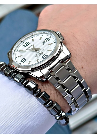 Casio Gümüş Silver Renk Çelik Kordon   Spor Metal Erkek Kol Saati + Bileklik Hediyeli Nda97