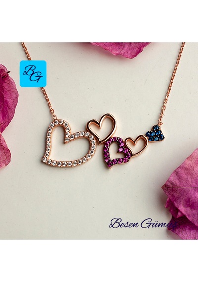 Renkli Zirkon Taşlı Rose Kalpler Kolye Rose - Gold -  Gümüş