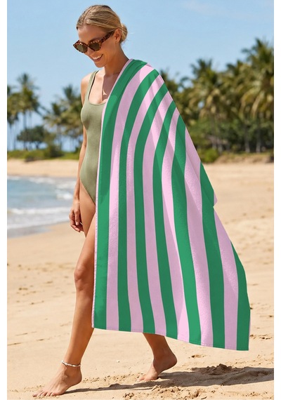 Pembe Çizgili Modern Plaj Havlusu - Minimalist Desenli Havuz Deniz Hızlı Kuruyan Mikrofiber Havlu Çok Renkli