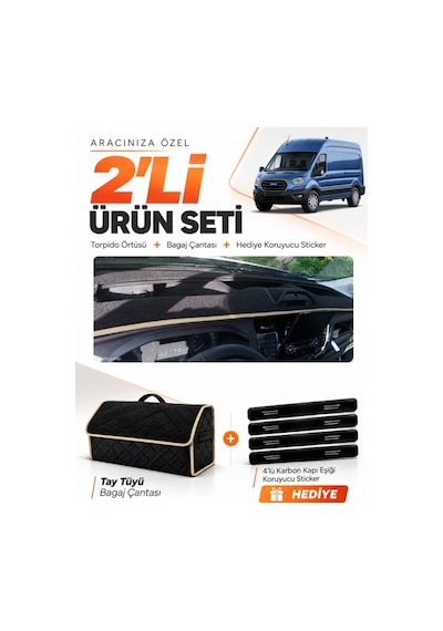 Ford Transit Tip 2 2020-2025 Uyumlu Torpido Örtüsü + Tay Tüyü Bagaj Çantası + Sticker - Siyah Bej