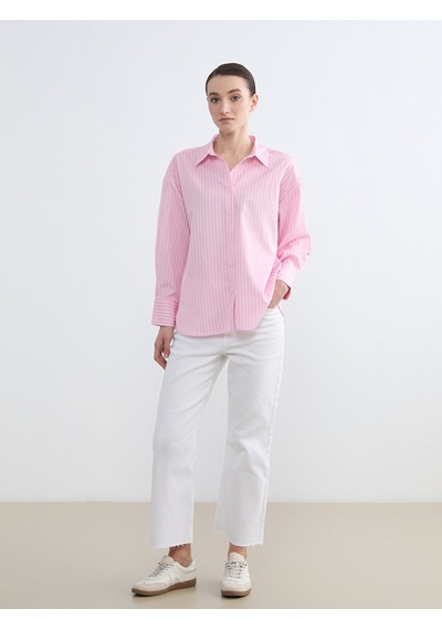 Lcw Modest Pembe Çizgili Poplin Kadın Gömlek