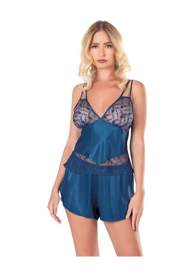 Red Womans Petrol Mavisi Saten Babydoll Şort Takımı