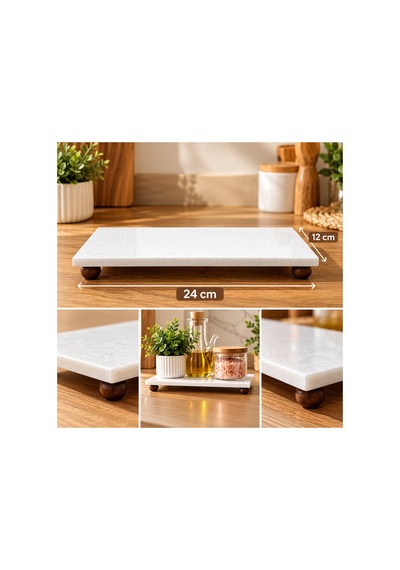 Mermer Yağlık Altı Büyük Boy Ahşap Misket Ayaklı 24cm 12cm Mermer Sunumluk Makyaj Parfüm Organizer Ekru Ekru