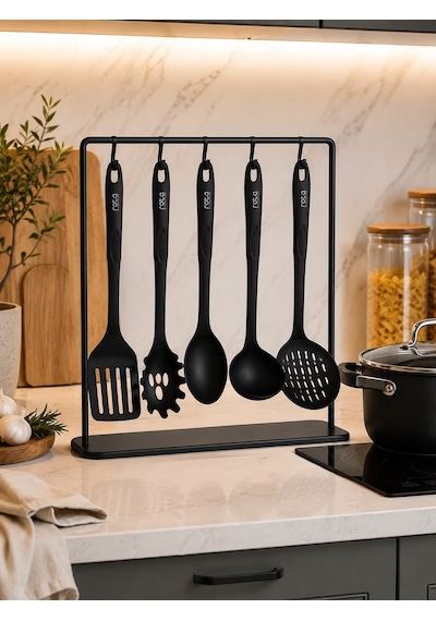 5 Parça Siyah Mutfak Servis Seti - Isıya Dayanıklı Kepçe Spatula Kaşık Hazırlık Seti