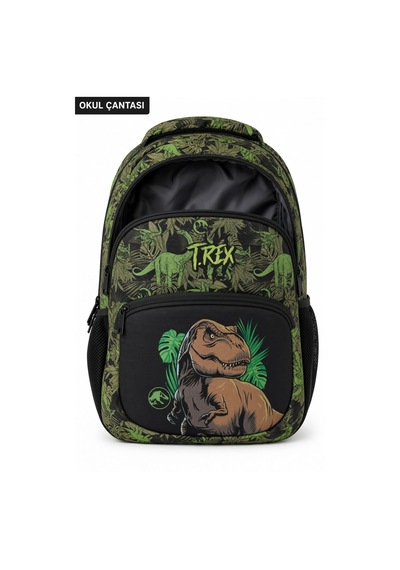 T-rex Dinozor İlkokul Okul Çantası 3 Bölmeli Yeşil Çocuk Sırt Çantası 40 X 30 X 15 Cm Çok Renkli