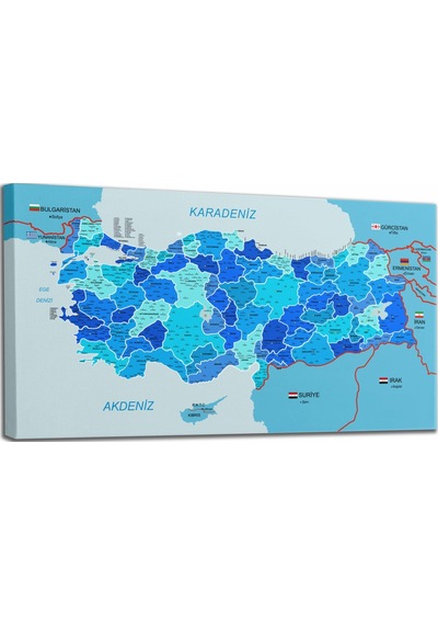 Doğaltercih Türkiye Haritası Kanvas Tablo İl ve İlçeli Ayrıntılı Eğitici-Öğretici Komşulu Dekoratif Tablo 3002