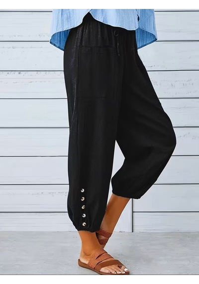 Kadın Beli Lastikli Bağcıklı Düğme Detaylı Pantolon Siyah
