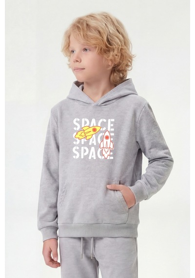 Fyk Kids Kanguru Cepli Kapüşonlu Baskı Detaylı Erkek Çocuk Sweatshirt Gri