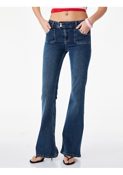 Koton Düğme Detaylı Düşük Bel Pamuklu İspanyol Paça Denim Pantolon - Flare Jeans Koyu İndigo 6sal40263md Indigo