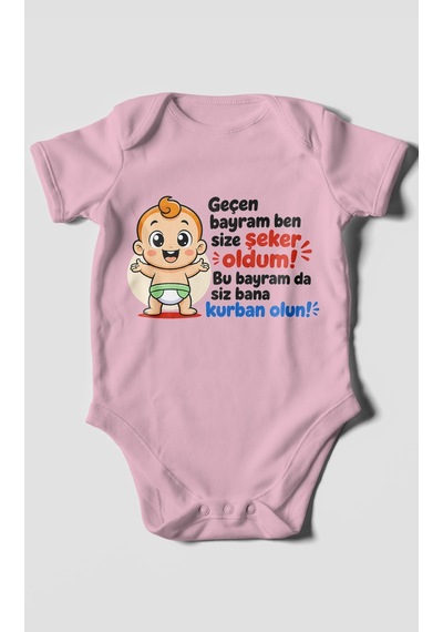 Morivokids Geçen Bayram Ben Yazılı Kısa Kollu Bebek Body %100 Pamuk Koyu Pembe
