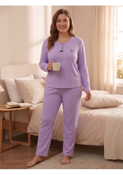 Büyük Beden Uzun Kol Pamuklu Likralı İnterlok Kumaş Pijama Takımı 8739 Lila
