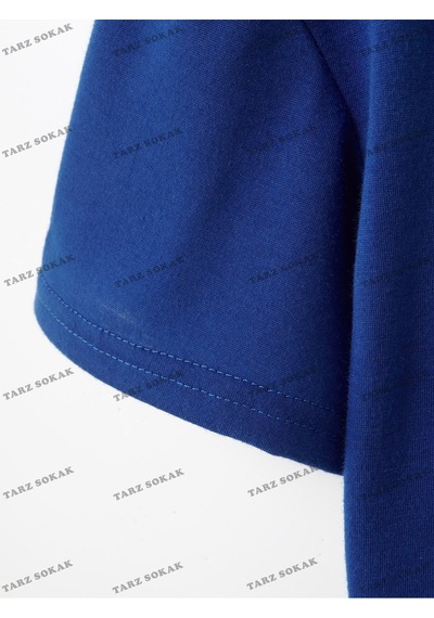 Flood Of Style Crop Ckod-232913 Harf Grafikli Düşük Omuz Kısa Mavi