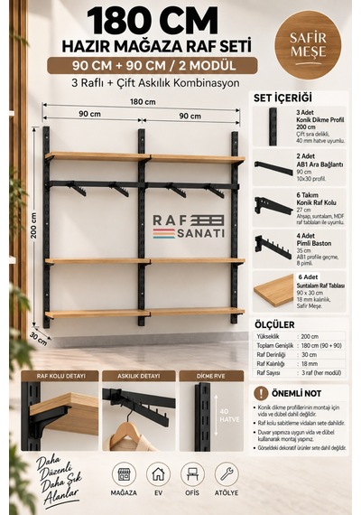180 Cm Duvar Raf Askılık Sistemi 6 Raflı 2 Modül 200 Cm Konik Dikme Hazır Set Safir Meşe