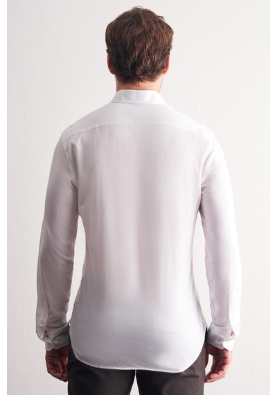 İmza Beyaz Düğmeli Yaka Kendinden Desenli Örme Uzun Kol Performans Ürün Slim Fit %100 Pamuk Gömlek 1004255272 Beyaz