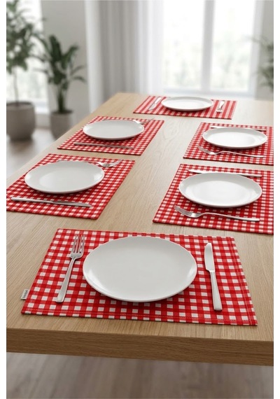 Kareli Amerikan Servis 6'lı Set 35x45 Cm Kırmızı Petibör Tabak Altlığı Su İtici Masa Altlığı