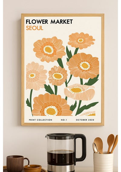 Flower Market Seul Doğal Ahşap Çerçeveli Poster, Dekoratif Sanatsal Duvar Tablosu
