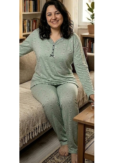 Miss Melina Büyük Beden % 100 Pamuk Uzun Kol Kadın Pijama Takımı Yeşil - 9086661812290