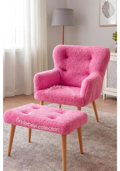 Tekli Koltuk, Ayak Uzatmalı Puf Hediyeli, Pembe Peluş Kumaş Çay Seti Koltuk Takımı, Tekli Berjer Pembe