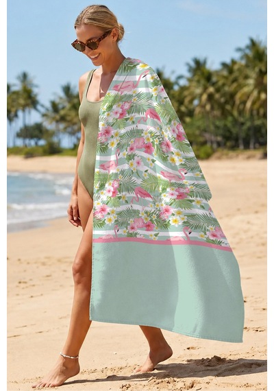 Flamingo Tropikal Çiçekli Plaj Havlusu - Mint Pembe Marine Hibiskus Hızlı Kuruyan Mikrofiber Havlu Bulut Melon