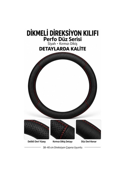 Trobus Audi A6 2019-2025 Uyumlu Dikmeli Direksiyon Kılıfı Perfo Düz Siyah Kırmızı Dikiş Siyah - Kırmızı Dikiş