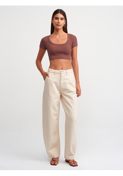 Dilvin Kısa Kollu Crop Top Kahve