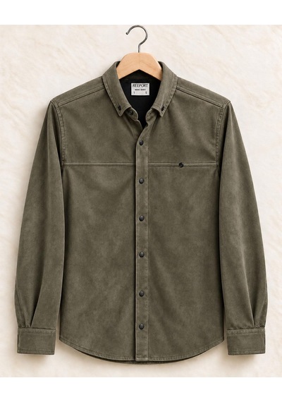 Classics Men Report Uzun Kol Slim Fit Erkek Süet Gömlek - 7784 Haki