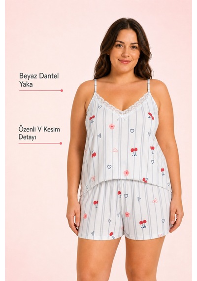 Bravie Kadın Büyük Beden İp Askılı Yakası Dantelli Çiçek Ve Kiraz Desenli Yazlık Pijama Takımı Beyaz