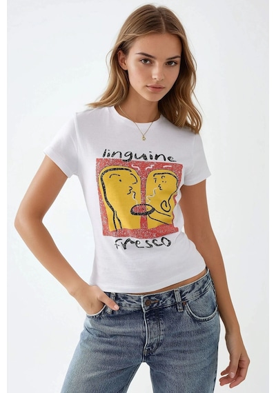 Hiccup Dar Kesim Desenli Yuvarlak Yaka T-shirt Çok Renkli