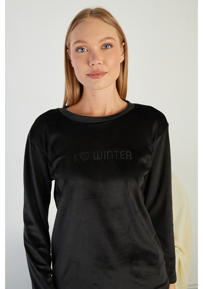 Fullamoda I Love Winter Kabartma Baskılı Kadife Pijama Takımı Siyah