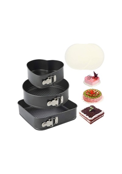 3 Parça Metal Kelepçeli Black 3 Boy Kalp Kare Yuvarlak 3'lü Kek Kalıbı Seti Siyah 2 Li