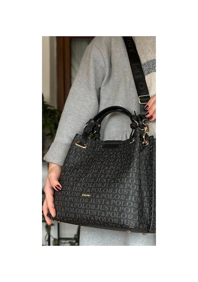 Just Polo Kadın Siyah Yazılı Gofraj Kabartma Desenli Mıknatıslı Çıtçıt Kapama El Çantası Mh4031mh 81343164