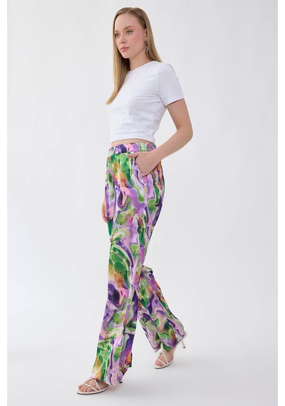 Vitrin Batik Desen Beli Lastikli Pantolon Mor