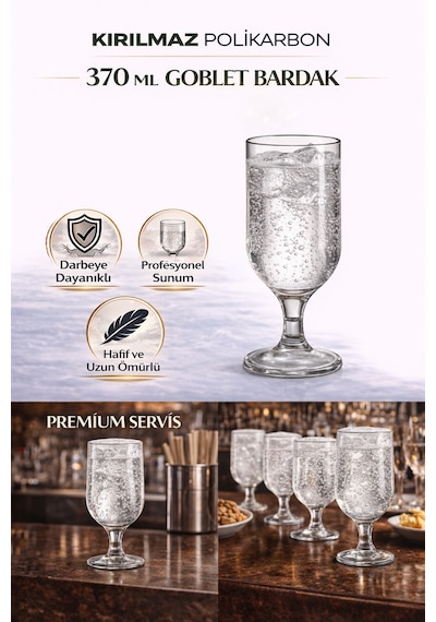 Kırılmaz Polikarbon Goblet Bardak 6 Adet 370 Ml Cam Görünümlü Bira & Kokteyl Kadehi Şeffaf