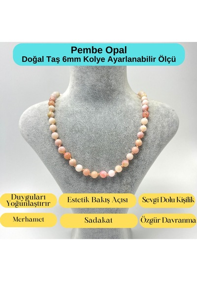Yıldız Doğal Taş Pembe Opal Doğal Taş 6 MM Makrome Kolye 45 CM - 55 CM Ayarlanabilir Pembe