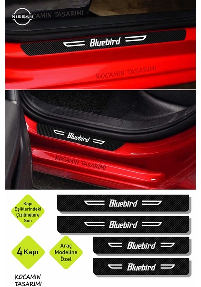 Bluebird Yazılı Karbon Kapı Eşiği Nissan Bluebird İçin Siyah Dekoratif 2 Ön 2 Arka Kapı Koruyucu Set Nissan Bluebird 4 Adet