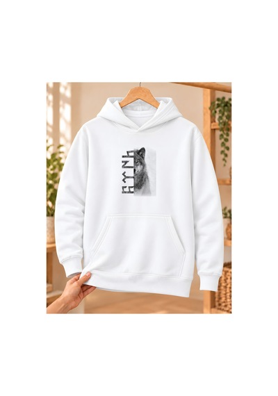 Mor Mürekkep Fotoğrafik Yarım Bozkurt Ve Göktürk Yazısı Baskılı Kapüşonlu Sweatshirt - Beyaz