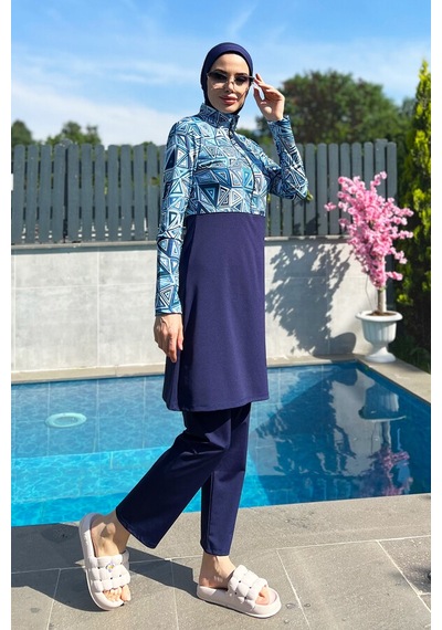 Yarım Fermuarlı Likralı Tam Kapalı Mayo R4506 Üçgen Lacivert