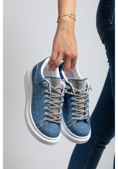 Erceka Taşlı Günlük Kullanıma Uygun Kadın Spor Ayakkabı Sneaker Bağcıklı Su Geçirmez Siyah-beyaz-mavi Taşlımavikot