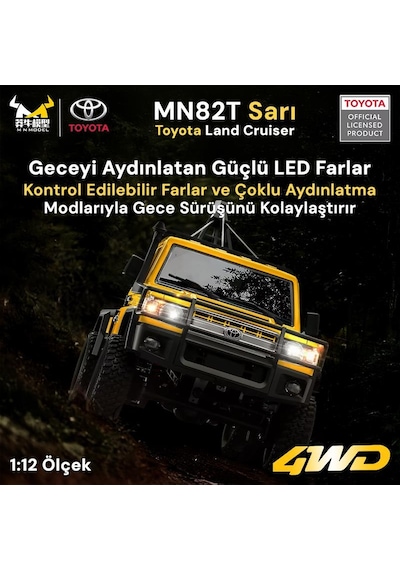 Mn Model Mn82t 1/12 Toyota Land Cruiser Lc79 4wd Rc Model Crawler Offroad Uzaktan Kumandalı Araba Truck Rtr Lisanslı Sarı+elektrikli Vinç+dahili Işık Seti Mn-82t