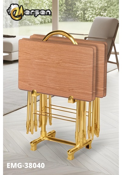 Eranş Serisi 4'lü Katlanır Mdf Mebran Ahşap Çanta Zigon Sehpa Gold Ayak Atlantik Çam Desen Gold Ayakk