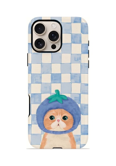 Apple iPhone Uyumlu 16 Pro Max Vorian Çift Katmanlı Magsafe Kılıf Blueberry Cat Check