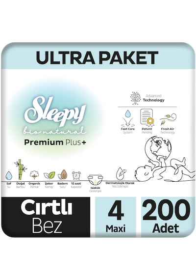 Sleepy Bio Natural Premium Plus Ultra Paket Bebek Bezi 4 Numara Maxi 200 Adet