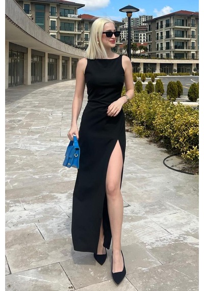 Madmext Siyah Maxi Boy Yırtmaç Detaylı Kadın Elbise Mg2367 Siyah