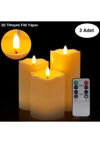 Plentiful Alevsiz Titreyen Led Mum Büyük Boy 3lü Set Kumandalı Beyaz
