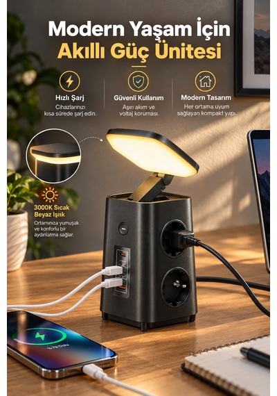 Çoklu Akım Korumalı Masaüstü Priz 4 Priz, 2 Usb-c + Usb-a, Pd 20w & Qc 18w Hızlı Şarj, 3680w, Led Aydınlatmalı 1.9 M